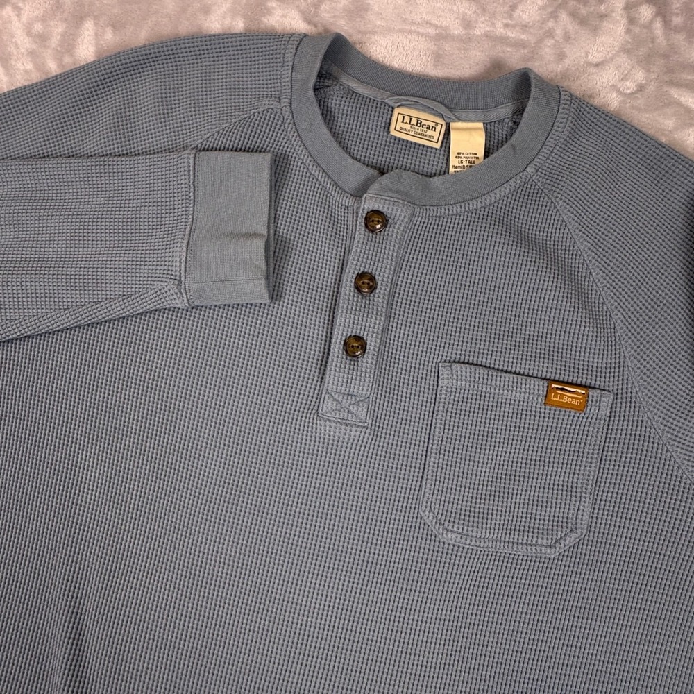 LL Bean Men Waffle Knit Henley Shirt Heavy Blue Long Sleeve Pocket L Tall 518834